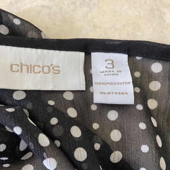 CHICO'S women 3 -XL black white Polka Dot sheer tie front poly blouse button up - Picture 13 of 13
